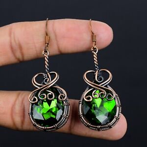 Green Peridot Earring Gemstone Copper Wire Wrap Handmade Gift For Woman