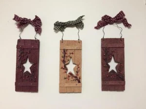 Primitive Country Star Vine Berry Folk Art Plaid Bow Hanging Wall Decor Trio - Picture 1 of 1