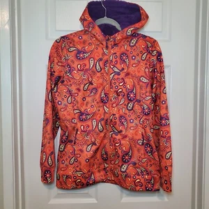 Girls REI Paisley Orange Zip Up Softshell jacket Fleece Lined Hood Sz 18 - Picture 1 of 11