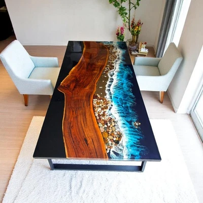 Mesa de río de resina epoxi Live Edge Ocean Wave arte de playa costera escritorio hecho a mano Foto 1 de 4