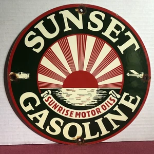 LETRERO DE BOMBA DE GAS PORCELANA ACEITE MOTOR SUNSET GASOLINA SUNRISE VINTAGE - Imagen 1 de 6