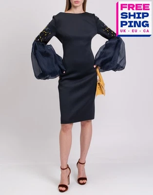 RRP €4565 LANVIN Sheath Dress FR40 US8 UK12 L Contrast Silk Organza Puff Cuffs - Image 1 of 4