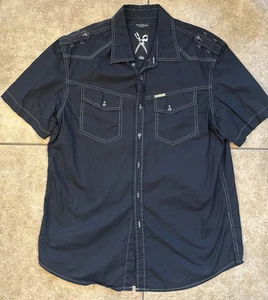 MARC ECKO CUT & SEW Black Short Sleeve Button Up Mens Shirt Large FAST SHIPPING - Picture 1 of 4