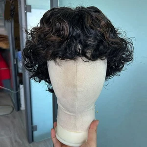 Human Hair Wig for Men Curly Short O Scalp Top Full Machine Made Wig Highlight - Picture 1 of 11