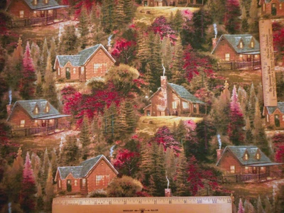 Autumn Fabric 1 1/8 Yard Mountain Cabin Scenic Thomas Kinkade Premium Cotton Vtg - Image 1 of 2