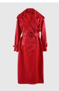 Oversize Leather Windbreaker Women's Long Belt Double Breasted Loose PU Jacket - Picture 1 of 18