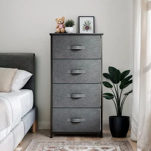 Chest of 4 Drawers Dresser Gray Fabric Bedroom Organizer Storage Cabinet Closet - Picture 1 of 10