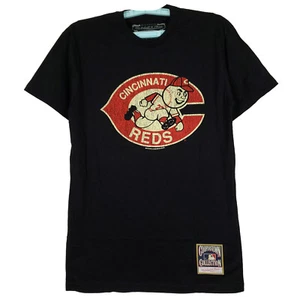 Cincinnati Reds Mitchell & Ness MLB S Small Shirt Distressed Logo Black NWT - Picture 1 of 7