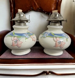 Pair of Vintage Kaaden Floral 7” White Glass Paraffin Oil Lamps 1980 - Picture 1 of 11