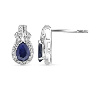 Sapphire Earrings in 10K White Gold with 0.18 Cttw Diamonds - Picture 1 of 5