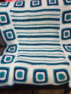 New! Handmade Crochet Blanket Throw Afghan -white, royal blue, turquoise - Image 1 of 4