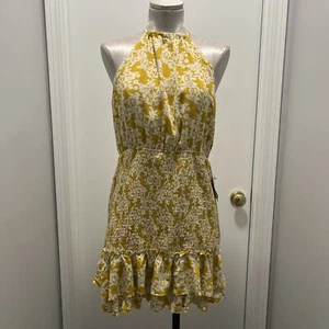NEW Lulu’s XL Budding Palette Yellow Floral Print Smocked Halter Mini Dress - Picture 1 of 11