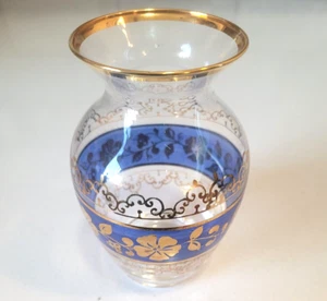 Victorian Glass Bohemian Vase Cobalt & Gilt Gold 5" Decorative Scroll Italy - Picture 1 of 17