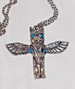 Vintage 70's Silver Tone Faux Turquoise Totem Pole Pendant Necklace Unsigned 24” - Picture 1 of 4