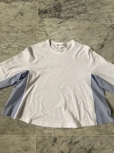 COMME DES GARCONS GIRL WHITE COTTON TSHIRT BLOUSE w BLUE & WHITE SLEEVES - SZ S - Picture 1 of 10