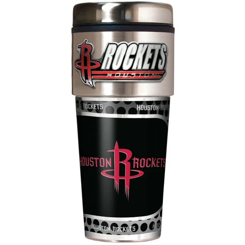 HOUSTON ROCKETS 16 OZ STAINLESS STEEL COFFEE TRAVEL MUG WITH METAL EMBLEM Cover