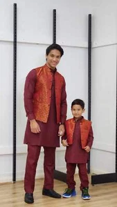 Boys Monochrome Kurtha Suruwal Set with Waistcoat Maroon - Picture 1 of 5