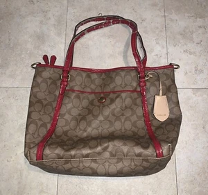 Coach Handbag Purse Peyton Signature Zip Carryall Tote Brass Khaki Red READ! - Picture 1 of 10