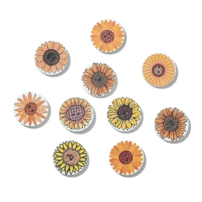 100pcs Round Flat Wood Button Sun Flower Printed 2-Hole for Clothes Dress Making - Image 1 of 4