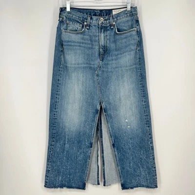 Rag & Bone Clyde Denim Midi Skirt Women 27 Distressed 100% Cotton Frayed Hem USA - Image 1 of 4