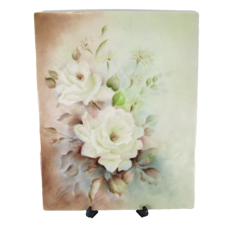 Azulejo cerâmico feito à mão flores decorativas padrão rosa branca retângulo 26x20,5cm - Imagem 1 de 4