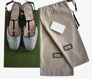 🆕️NUEVO GUCCI Doble G Correa en T Plateado Brillo Bailarina Ballet Plana EU-37.5 US7.5 - Imagen 1 de 15