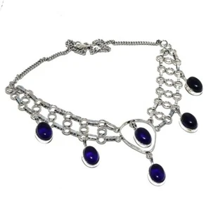 Natural Blue Sapphire Gemstone 925 Sterling Silver Necklace 18" l717 - Picture 1 of 5
