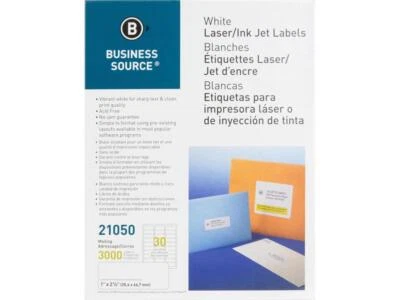 Business Source Mailing Label Laser 1"x2-5/8" 3000/PK White 21050 - Image 1 of 4