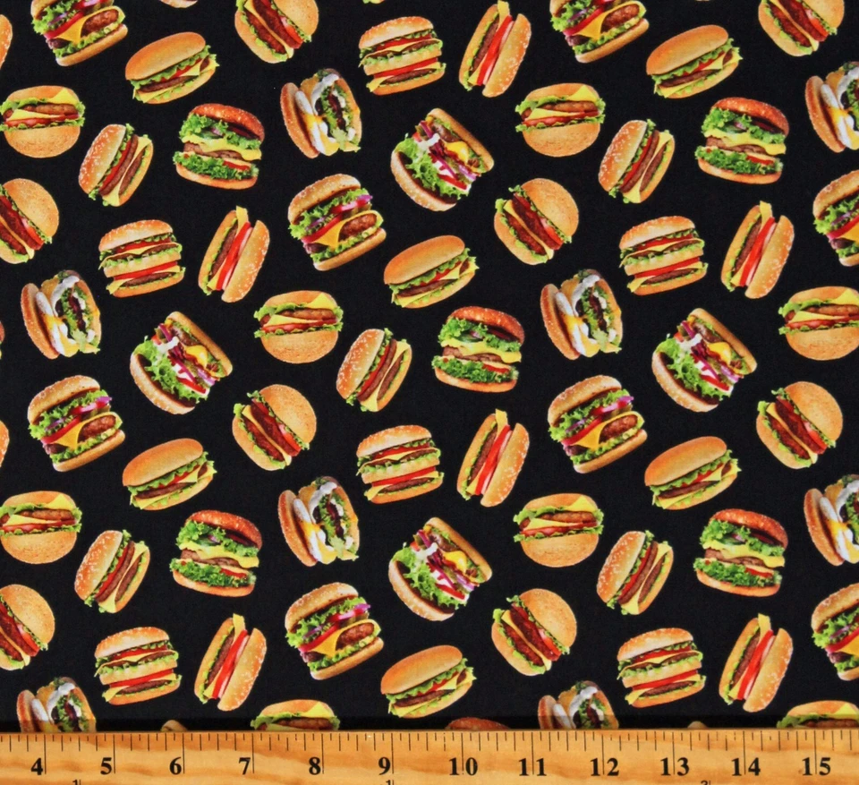 Algodón Hamburguesas Hamburguesas Alimentos Favoritos Tela Negra Estampado por Yarda D571.97 Foto 1 de 1