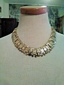 VINTAGE GOLDEN CHOKER NECKLACE AZTEC INSPIRED CARVED LINKS + MATCHING BRACELET - Picture 1 of 5