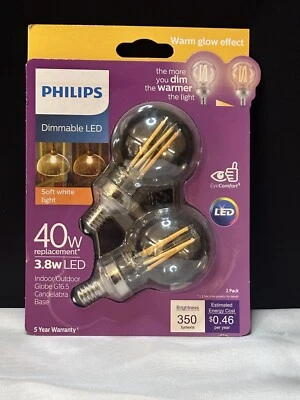 Philips 40w Clear G16.5 LED Light Bulbs Candelabra Base Dimmable Warm Glow 2-Pk - Image 1 of 4