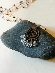 Genuine Clear Quartz Copper Long Necklace, Antique Tribal Ethnic Berber Inspired - Picture 1 of 9