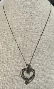A SIGNED 925 Marcasite Heart Pendant Chain 18” Baguette Round Stone Large - Picture 1 of 5