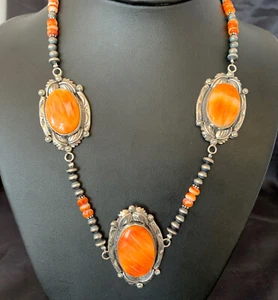 Collar de plata de ley con colgante de ostra espinosa naranja perlas navajo 10808 - Imagen 1 de 12