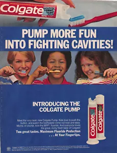 Vintage 1985 Colgate Pump Toothpaste Magazine Print Ad Page Kids Brushing Teeth - Picture 1 of 1