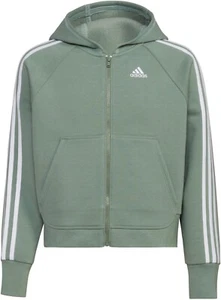 adidas Sz Sm 7/8 Girls Zip Essential 3-Stripe Hooded Fleece Jacket Light Green - Picture 1 of 7
