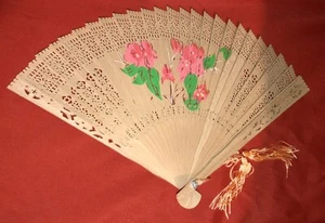 Chinese Wooden Hand Fan w/ Painted Floral Design #1, New - Picture 1 of 3