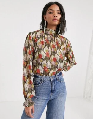 Blusa transparente reversible abierta con estampado de lirios Art Deco cuello corbata recogida TOPSHOP 8 EE. UU. Foto 1 de 4