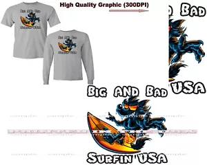 Camiseta Big And Bad Wolf Surfer Surfin EE. UU. Cool Tabla de Surf Dibujos Animados Gris - Imagen 1 de 5