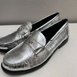 Tory Burch Shoes Silver Sz 7/8 Loafer Casual $320 msrp Distressed - Picture 1 of 11