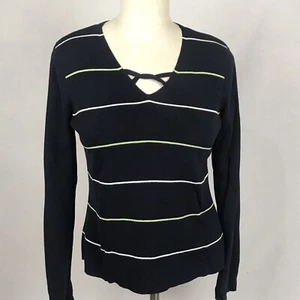 Emma James Knit Top Size M Rayon Blend V-neck Black Ladder Stripe Long Sleeve - Picture 1 of 6