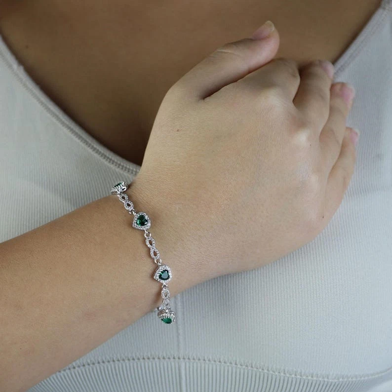 Silver Emerald Heart Bracelet, Tiny Heart Infinity Emerald Tennis Bracelet - Image 1 of 4