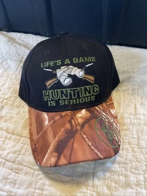 Life's A Game Hunting is Serious 2Tone Camo Bill Black Hat Cap Hunter Adult - Image 1 of 2