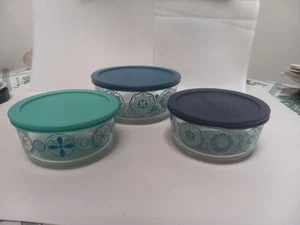 3 schöne PYREX Glas Vorratsschalen blaue Deckel, 4, 6 Tassen 7200, 7201, top - Bild 1 von 7