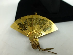 Funktionierender asiatischer Motiv Fächer Schmuck Anhänger goldfarben, beidseitig, Drache & Kraniche - Bild 1 von 6