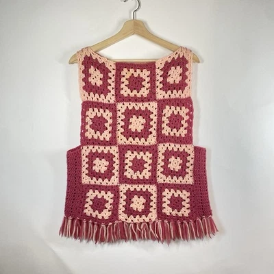 Handmade Womens Granny Square Crochet Fringe Knit Vest Pink Size S/M Cottagecore - Image 1 of 4