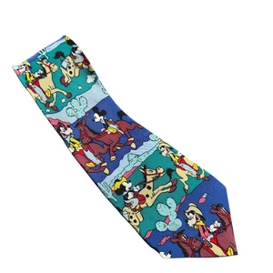 Disney Mickey Mouse Goofy Cowboy Western Tie Mens Blue Novelty Silk Blend - Picture 1 of 9