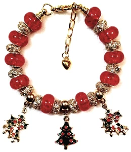 Pulsera espaciadores de diamantes de imitación cuentas de cristal murano con dijes de Navidad de 8,3" - Imagen 1 de 7