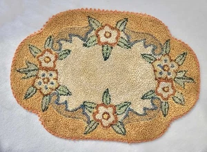 Vintage Miniature Floral Dollhouse Hooked Needle Punched Rug Beige Green - Picture 1 of 4
