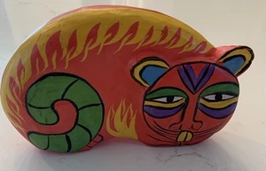 Vintage 80’s Handbemalte Holz Katze Skulptur Dekor Bunt 6” - Bild 1 von 8